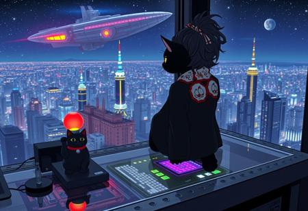 Jiji, the cat from Kiki's Delivery Service sits on a cluttered metal riveted desk with transparent top and rgb led computer components visible inside, On the desk are a maneki neko statue and a lava lamp, Jiji the Black Cat is looking out of a seamless and futuristic floor to ceiling window that looks out at a very high view from an apartment on the 400th floor of a futuristic Tokyo skyscraper, the year is 2250, The city has thousands of enormous wide and tall futuristic skyscrapers and space ships covered with lights in the sky, (((Kiki from Kiki's Delivery Service, 24 years old, is standing behind the desk looking out at the enormous city at night next to Jiji, filled with buildings of many shapes and sizes, some over a mile tall))), Kiki is dressed in an ornate Japanese style bath robe. An enormous deco starship with futuristic lighting and design is visible high above the city, and a space station is visible in the background among the stars, The woman's hair is messy from just waking up and tied up with a ribbon. Artistic cyberpunk, dynamic perspective, The focus is on Jiji and Kiki standing together looking out the window at the view together, (((overall architectural aesthetic is Art Deco Cyberpunk))).  Mt Fuji can be seen in the far distance,