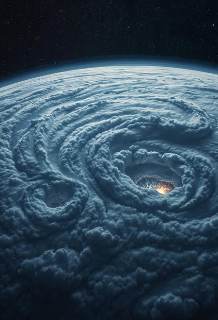 “A cinematic satellite view of an alien planet completely covered by massive, swirling thunderstorms. No land or water—only endless thick clouds, slow-moving tornadoes, and internal flashes of violet, deep blue, and white lightning. Above the storm, distant galaxies and nebulae glow faintly through the atmosphere. The camera pans slowly across the scene, emphasizing the constant motion and raw energy of the storm against the backdrop of infinite space. Mood: dramatic, cinematic, dreamlike.”