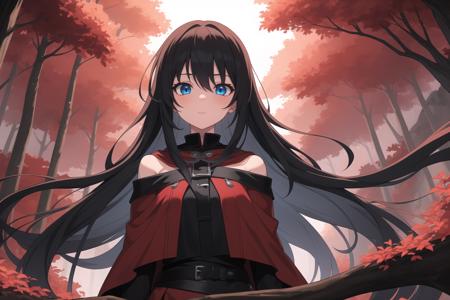 masterpiece,best quality,1girl,crimson forest,red wizard,red waterfall,blue eyes,very long black hair