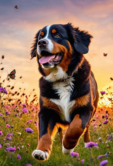 Brown dog  bernese mountain frolics in a sunset-drenched, vibrant wildflower meadow, intricate lighting capturing the playful dance with flittering butterflies, macro photography revealing incredible detail, nuances alive with high quality UHD, pen and ink finesse, a composition rivaling art trends on Artstation, captured in 8K photorealism, volumetric lighting creating a cinematic tableau, octane