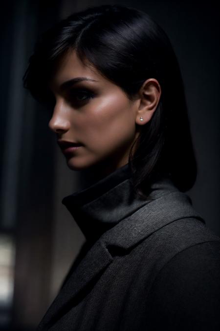 <lora:Morena_Baccarin:0.85> (dark shot:1.1), epic realistic, Close up half profile shot in the darkness with very little light, dramatic pose, dynamic pose, delicate skin texture, short Rembrandt Lighting, in a complex glossy black fabric designed and product rendered quality thick turtleneck sweater, glossy hair, on black background, hyper detailed texture of wavy long hair, poster like, surrealism, Japanese minimalism, Nikon, Hasselblad, canon, Fujifilm, 8k, faded, (neutral colors:1.2), (hdr:1.4), (muted colors:1.2), hyperdetailed, (artstation:1.4), cinematic, warm lights, dramatic light, (intricate details:1.1), complex background, (rutkowski:0.66), (teal and orange:0.4)  <lora:LowRA:0.7>