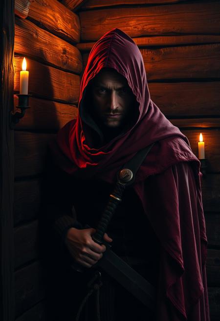 “A menacing figure lurks in the dimly lit corner of an old wooden cabin, their face partially obscured by the deep hood of a tattered red cloak. Flickering candlelight casts jagged shadows across the rough-hewn walls, momentarily revealing a scarred face and a cruel smirk. Their stance is tense but assured, one hand resting on the hilt of a notched shortsword, the other concealed beneath their cloak, perhaps gripping something more sinister. The air is thick with the scent of sweat, ale, and damp wood, mingling with the faint metallic tang of old blood. Outside, the wind howls through the trees, masking the low murmur of hushed voices—whispers of intimidation, threats, and the promise of violence.”