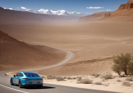 1porsche-panamer,silver color,right side view,driving down a road in the desert with mountains in the background<lora:lora-majic-2porsche-panamer2.1-000021:0.8>