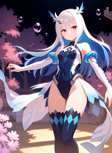 eternal_sakura_def, long hair, purple eyes, blue hair, multicolored hair, gradient hair, white hair, small breasts, detached sleeves, bangs, collarbone, bare shoulders, hairclip, long sleeves,anklet,pleated skirt, white sleeves,breasts, wide sleeves, white shirt, shirt,blue skirt,  (clothing_cutout) eternal_sakura_swim, long hair, purple eyes, blue hair, multicolored hair, gradient hair, white hair, small breasts,bangs,two-tone hair,hair ornament, parted lips, hairclip black thighhighs, covered navel, breasts, leotard, bare shoulders, bridal gauntlets, detached sleeves, toeless legwear, choker, white elbow gloves, 