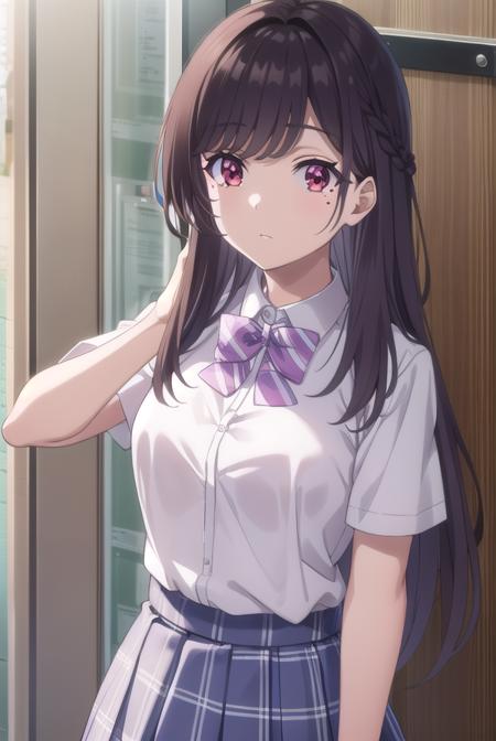 mariakurose, <lora:maria kurose s1-lora-nochekaiser:0.8>,
maria kurose, long hair, black hair, (red eyes:1.3), mole, mole under eye,
BREAK skirt, shirt, bow, school uniform, white shirt, short sleeves, pleated skirt, bowtie, plaid, plaid skirt, purple bow,
BREAK indoors, classroom,
BREAK looking at viewer, (cowboy shot:1.5),
BREAK <lyco:GoodHands-beta2:1>, (masterpiece:1.2), best quality, high resolution, unity 8k wallpaper, (illustration:0.8), (beautiful detailed eyes:1.6), extremely detailed face, perfect lighting, extremely detailed CG, (perfect hands, perfect anatomy),