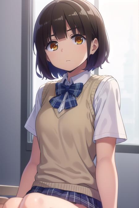 kanatahiga, <lora:kanata higa anime s1-lora-nochekaiser:1>,
kanata higa, short hair, bangs, brown hair, (brown eyes:1.3),
BREAK shirt, bow, school uniform, white shirt, short sleeves, bowtie, blue bow, sweater vest, plaid bow,
BREAK indoors, classroom,
BREAK looking at viewer,
BREAK <lyco:GoodHands-beta2:1>, (masterpiece:1.2), best quality, high resolution, unity 8k wallpaper, (illustration:0.8), (beautiful detailed eyes:1.6), extremely detailed face, perfect lighting, extremely detailed CG, (perfect hands, perfect anatomy),