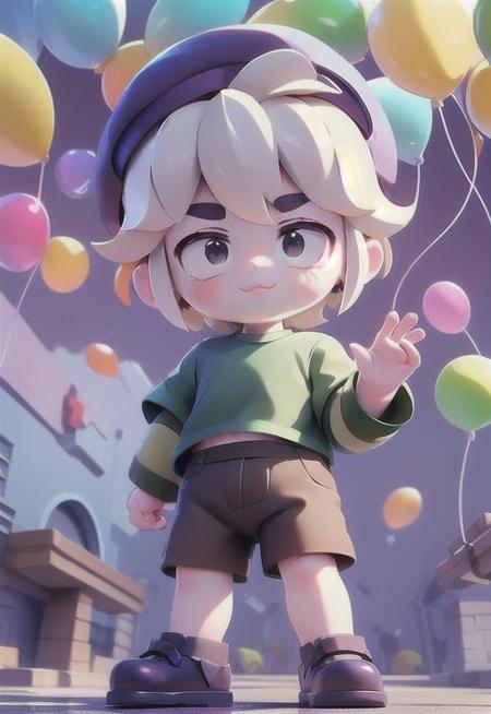 (masterpiece, best quality, hires, high resolution:1.1), (, intricate details, highres) , boy , bsgus , blue short-sleeved shirt ,blue shirt , shirt, white hair, purple beret , brown shorts, band-aid on foot ,   :3  ,green Sleeves under shirt ,green sleves , In acemetery , Purple Shoes , child , <lora:bsgus:0.9>