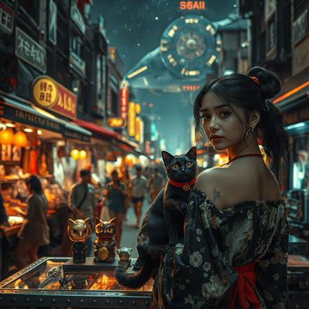 Setting is a futuristic cyberpunk street market at night, the market is comprised of street vendors selling robot parts, food, weapons, and robots. People wearing futuristic cyberpunk clothing are walking through the street market shopping and eating, A sleek black cat with red collar sits on a cluttered metal riveted desk with transparent top and micro-LED lighted computer components visible inside, On the desk is an ebony and gold maneki neko statue and futuristic art deco lighting, (((a beautiful woman, 24 years old, is standing in the foreground FACING THE VIEWER, she has an expression of interested curiosity)))))), the sleek black cat with red collar is sitting on the desk and watching the people walking by in the busy street market, the woman is dressed in futuristic cyberpunk ECLECTIC style yukata with a low neck line alluring aesthetic. An enormous art deco inspired starship with futuristic lighting and an enormous space station are visible in the background among the stars, The woman's hair is elegantly tied up with a ribbon. Artistic cyberpunk, dynamic perspective, (((overall architectural aesthetic is Art Deco Cyberpunk))).  Epic image that elicits a feeling of wonder and awe, (((((CLASSICALLY STYLIZED LIGHTING AND ARCHITECTURE FROM CHINA INDIA JAPAN FRANCE EGYPT ROME AND GREECE))))),