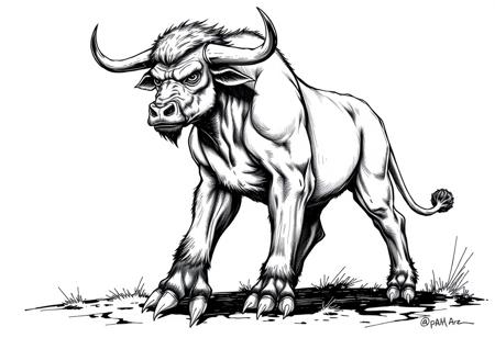 fantasy, ink art, comic style art, bull is standing with four feet, front ape's feet has 3 claws, muscular , looking at viewer, half side view