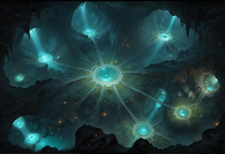 (cavern, RPG combat map, battle map, RPG map from above, highly detailed, highly detailed, dark, oil painting, combat map, high quality, tunnels, phosphorescent mushrooms, caverns, crevices, view from above, aerial view, detailed, from above, (top view: 1.3), long shot, aligned to the edge of the image,