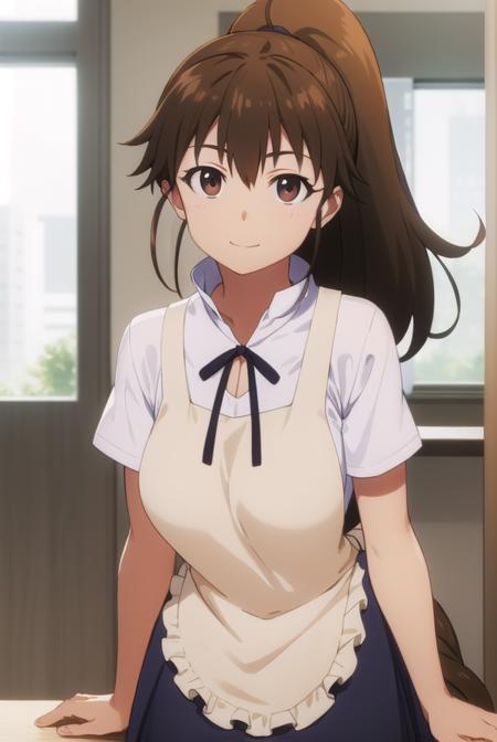 popura taneshima, long hair, brown hair, (brown eyes:1.5), ponytail, ahoge, apron, waitress, short sleeves, skirt, black skirt,