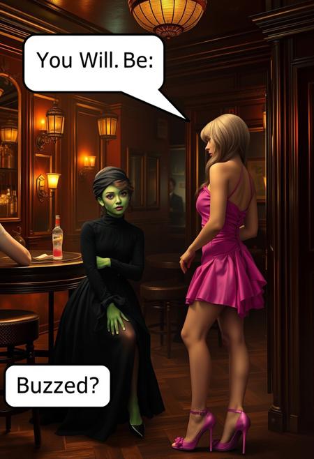 Aa beautiful realistic photograph of A brightly lit speakeasy in the 1920s style of The Great Gatsby. 
Elfaba is a beautiful girl with green skin wearing an all black high-necked Victorian witch outfit  that covers her skin from her neck all the way to her ankles and wrists. She has a bored expression on her face and is rolling her eyes. ( A speech box along the bottom points to Elfaba and contains the text  " Buzzed? ").
A fair skinned short skinny blond girl is dressed in a pink taffeta minidress and pink high heels.  She is looking at Elfaba with a wide-eyed excited expression. (A speech box at the top of the image points to the blond and contains the text " You. Will. Be. " ).