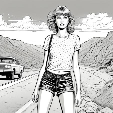 black and white comic illustration, nice style,
Taylor Swift in shorts, a hitch-hiker by the road