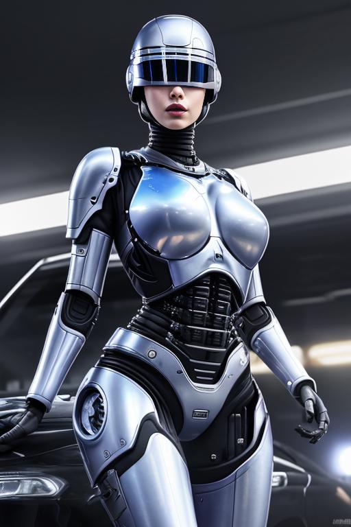 A 3D render of a female robot with a silver metallic body and a prominent chest, wearing a helmet.