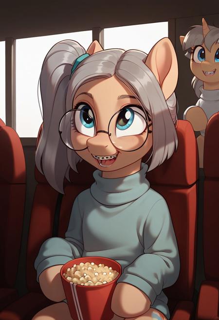 Score_9, score_8_up, score_7_up, 1girl, glasses, side ponytail, t4ku, mare, blue eyes, round eyewear, grey hair, turtleneck, braces, cute, adorable)), body in shot, my little pony, feral pony, sitting, cowboy shot, front view, movie theater seat, interior, looking up, holding popcorn bucket, big smile, happy