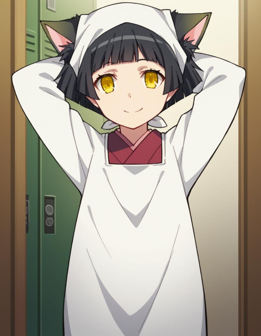 score_9, score_8_up, score_7_up, source_anime, <lora:dorm-mistress-s2-ponyxl-lora-nochekaiser:1>, dorm mistress, short hair, black hair, animal ears, yellow eyes, cat ears,, japanese clothes, kimono, apron, head scarf,, school hallway, lockers, between classes, everyday life, smile, hands behind head,, looking at viewer, solo,, dutch angle, cowboy shot