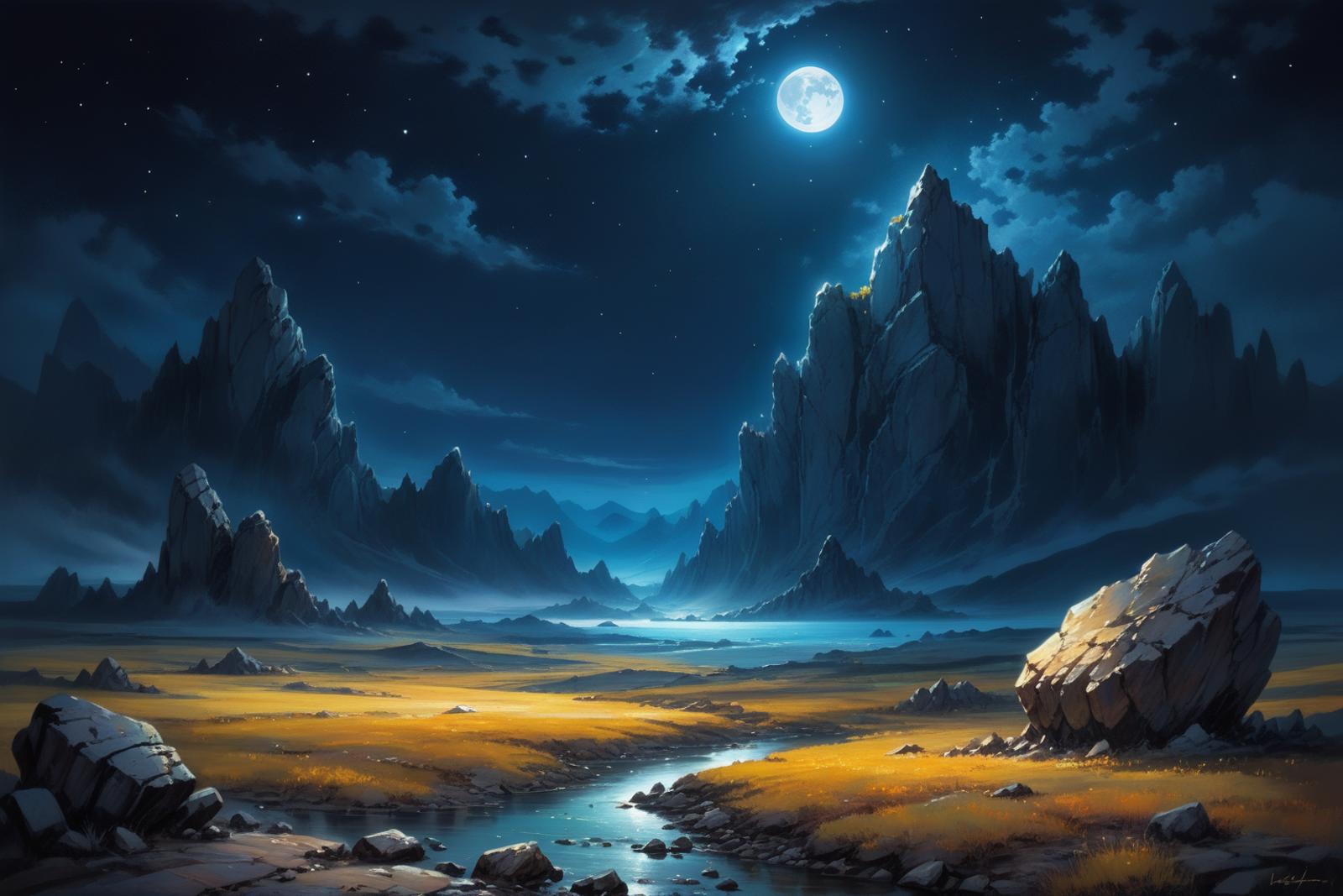 A Beautiful Nighttime Scene of Mountains, a Moon, and a River.
