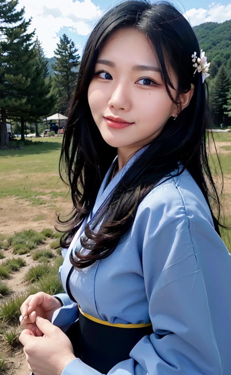 masterpiece, best quality, photorealistic, ultra realistic, realistic face, RAW photo, solo, looking at viewer, 1girl, <lora:sonyshow:0.9>, sonyshow, black hair, Hanbok, grass, soil, tree, outdoor