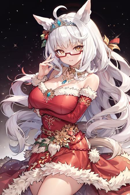 masterpiece, best quality,
biwa hayahide \(umamusume\),
official alternate costume, semi-rimless eyewear, under-rim eyewear, red-framed eyewear, santa costume, necklace, tiara, fur-trimmed dress, red dress, bare shoulders, detached sleeves, jewelry, christmas ornaments,
<lora:biwa_hayahide_locon_1.0:0.6>