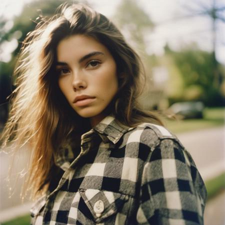 <lora:cindymello_xl_lora:1> cindymello analog film photo close up, beautiful woman posing, ripped jeans and checkered shirt, cute look, perfect eyes, faded film, desaturated, 35mm photo, grainy, vignette, vintage, Kodachrome, Lomography, stained, highly detailed, found footage, f1.2 50mm