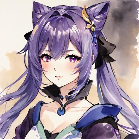 1girl,keqing \(genshin impact\),<lora:Keqing2_xl:1>,purple hair,anime,upper body,
traditional ink painting,<lora:traditional_ink_painting-000001:0.5>,