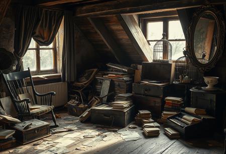 Captured with a Canon EOS R5, the scene features soft ambient light diffused through dusty attic windows. An old rocking chair sits among scattered relics—faded postcards, crumpled letters, and stacks of forgotten books.
A torn velvet curtain sways with the breeze, filtering light into the space. The air is thick with the scent of aged wood and musty paper. A phonograph stands in the corner, its needle poised above an untouched record, waiting to play a tune from another time. A chipped porcelain teacup sits abandoned on a nearby table, beside a dried-out fountain pen. An open trunk spills its contents—delicate lace dresses, yellowed photographs, and a pocket watch frozen at an uncertain moment in time. Dust motes swirl in the slanted rays of light, carrying echoes of the past.
The floorboards creak under the weight of time, each groan a reminder of stories long forgotten. A stack of old telegrams, brittle with age, rests near an antique typewriter, the last letter still waiting to be completed. A wooden chest, its brass hinges tarnished, is partially open, revealing bundles of handwritten notes tied together with fraying ribbon. An ornate mirror, its edges dulled with age, leans against the far wall, reflecting the attic’s quiet decay. An empty birdcage sits atop a rickety stand, its door slightly ajar, as if the occupant had long since taken flight.