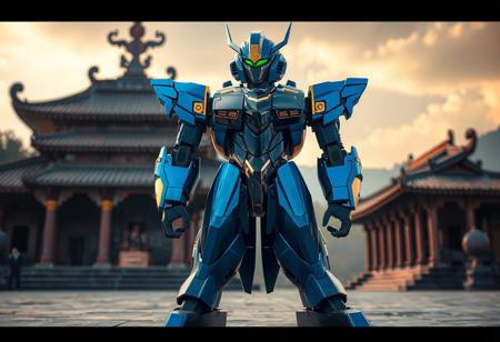 "The Ally of Justice Field Marshal robot stands tall and proud, its sleek blue and black body accented with gold, adding a touch of elegance. The head features a striking blue color with a prominent yellow visor, while the arms and legs are black with gold accents, creating a harmonious balance of colors. The robot is positioned on a temple surface, contrasting beautifully with the ancient Wedju Temple in the background, emphasizing its presence and strength. Rendered in 4K with lifelike details, the image captures the robot's design with stunning clarity. The lighting is cinematic, with a dynamic interplay of shadows and highlights, creating a captivating atmosphere. The composition is impeccable, with a focus on the robot's intricate details and the serene temple setting."