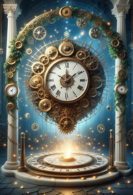a monumental ancient Greek clock statue, intricately sculpted from polished bronze and white marble, depicting an enormous gear system embedded within a cracked temple wall, golden filigree tracing complex constellations and ancient numerals, the hands of the clock frozen at the moment of a great event, ivy vines weaving through the mechanisms, tiny fireflies illuminating the scene, a soft glow emanating from the center of the clock, cinematic lighting, ultra-HD sculpting, hyper-detailed engravings, steampunk elements seamlessly fused with classical Greek architecture