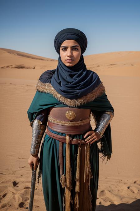 1girl, solo, photography, portrait of arabarmor girl with group of army in dune, shield, sword, realistic, absurdes, detailed,  <lora:ARWArabArmor:1>