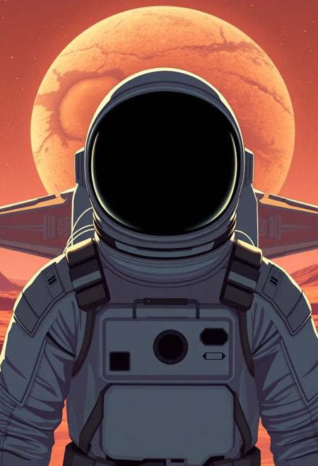 A full suit astronaut (visor is fully reflective and cannot be seen through) standing in front spaceship that recently landed on new planet, he is looking over the horizon. Set in the art style of the video game no man's sky. Have the camera further back. And have the spaceship similar style to an x-wing from star wars, more horizontal.