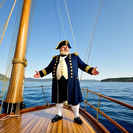 Full body in frame, from head to toe, wide angle view from side, distant camera, long shot, wide shot.Full body in frame, from head to toe, wide angle view, distant camera, long shot, wide shot.  
A fat middle-aged Turkish-German man standing confidently on the bow of a large wooden sailing ship, at sea.  
He is wearing a detailed 19th century navy officer uniform with golden epaulettes, a blue coat, brass buttons, and a tricorn hat.  
Strong physical body, musclechub, burly, thick arms and legs, barrel chest.  
Masculine square face, big nose, thick eyebrows, broad chin.  Background is sea.
Realistic lighting, moonlight, 8k, photorealistic, ultra detail, clothes and body details
 <lora:Better_expressionsH:0.6> <lora:detailed_notrigger:0.7> <lora:Walrus_Mustaches:0.6>