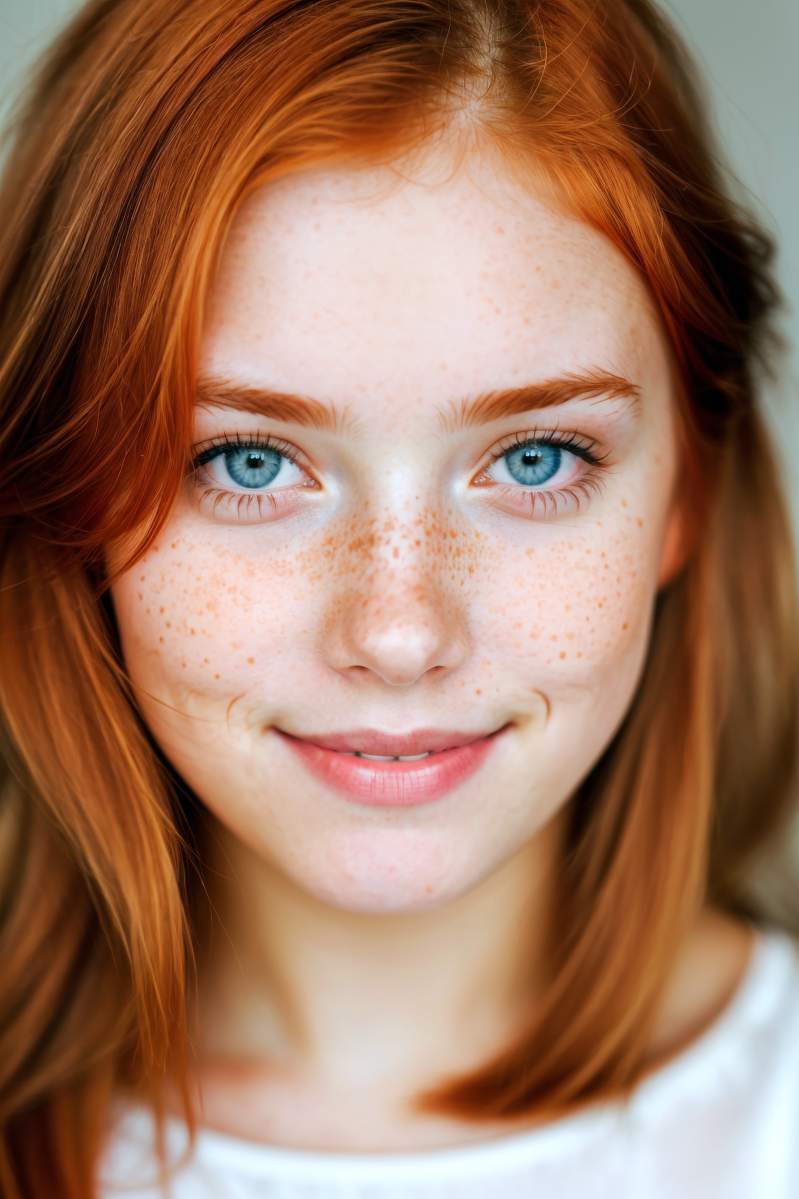 beautiful girl,smile,happy,close up,(detailed eyes:0.8),(looking at the camera:1.4),interior,(ginger hair:1.3),dark studio...