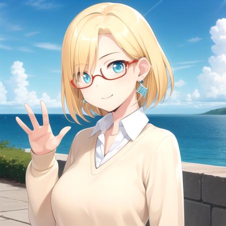 ((masterpiece)),(best quality),official art,extremely detailed CG,unity 8k wallpaper,ultra detailed,A lighthouse on a cliff by the sea,1girl,solo,upper body,(portrait:1.2),looking at viewer,claudia madobe,smile,waving,blonde hair,short hair,blue eyes,glasses,semi-rimless eyewear,red-framed eyewear,jewelry,earrings,large breasts,sweater,shirt under sweater,collared shirt,white shirt,blue skirt,pleated skirt,brown boots,<lora:Claudia Madobe(win):0.8>,