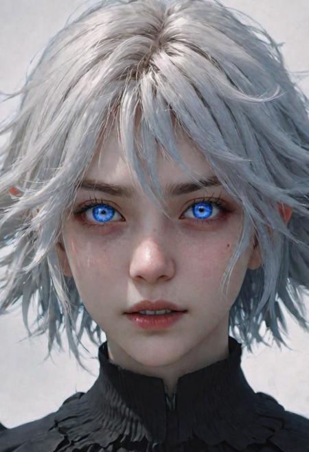 (masterpiece), 
1girl,
evil, demonic, 
white hair, blue eyes, floating hair, short hair,
upper body shot, 
HDR, highly detailed, 32k, 
(proud) mood, 
perfect face feature,