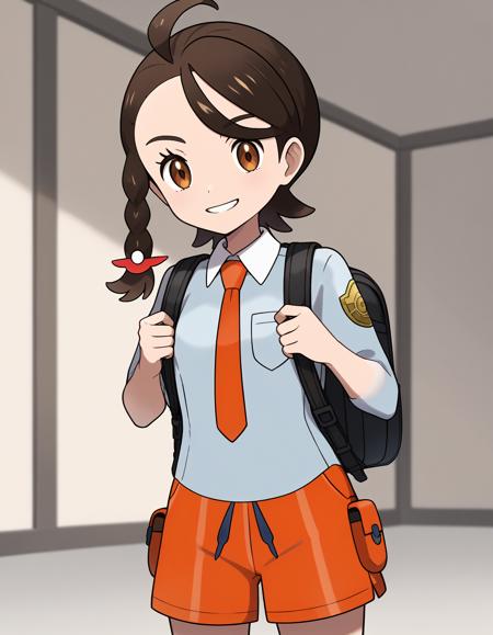 aoi, juliana \(pokemon\), single braid, brown eyes, ahoge naranja academy school uniform, orange necktie, orange shorts, white socks, black shoes, black backpack blue sunhat