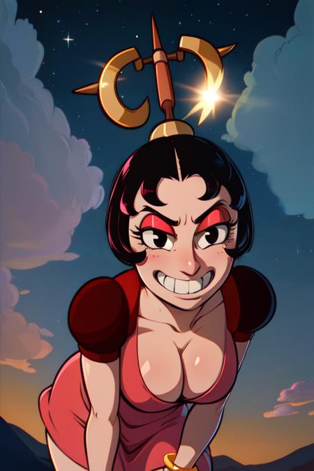 hilda, black hair, short hair,  black eyes,  pink skin, 
red dress,   head hair ornament,  leaning forward, 
standing,  evil grin, cowboy shot,  from below,  cleavage, 
 nighttime, cloud, 
(insanely detailed, beautiful detailed face, masterpiece, best quality)
 <lora:hildaberg-10:0.8>