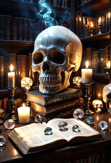 score_9, score_8_up, score_7_up, score_6_up, score_5_up, score_4_up, (absurdres, best quality, masterpiece:1.4), illustration, photorealistic, cinematic lighting, dynamic angle, perfect composition, skull, crystal skull, ancient books, magical aura, library shelves, glowing runes, candlelight, mysterious atmosphere, dimly lit, enchanted objects, magic sparkles