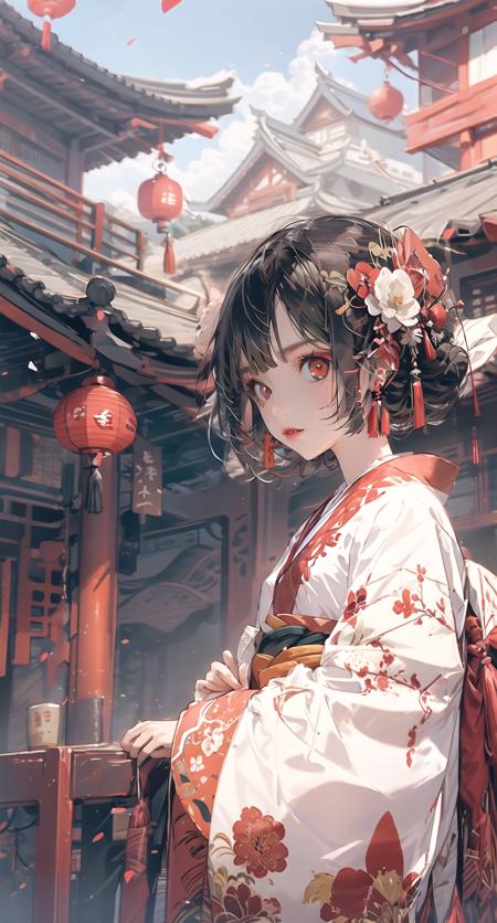 sinsya, japanese clothes, hair ornament, kimono, red eyes, hair flower, lantern, black hair, paper lantern, looking at viewer, bangs, floral print, red flower, red kimono, 1girl, wide sleeves, architecture, east asian architecture, long sleeves, upper body, outdoors, tassel <lora:sinsya-pynoiseloha:1>