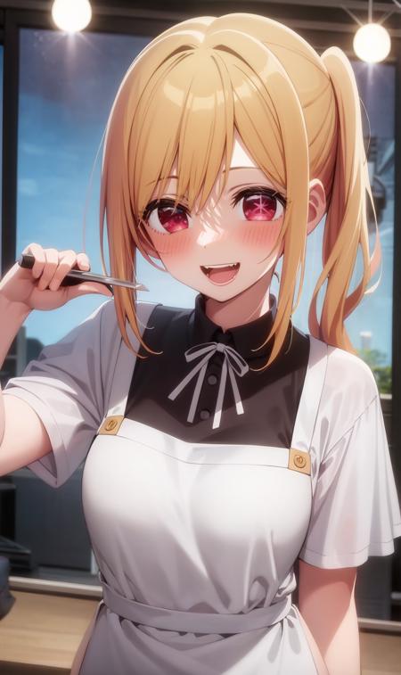 1girl,  solo, smile, open mouth, blush, looking at viewer, sky, night, close-up, apron, portrait,  stage lights, cinematic light, side ponytail,  <lora:rubylocon_v1:0.8:Loha_chara>