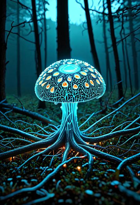 Tilt shift photography style, a glowing mushroom, ( Unmanned:1.2), night forest, thick fog,