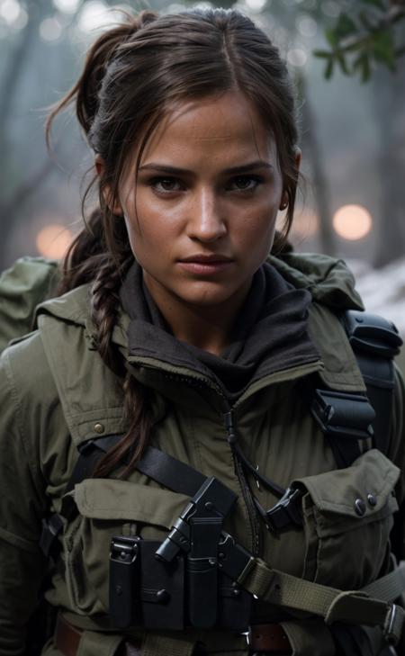 cinematic film still lara croft in tomb raider, Alicia Vikander, belt, long hair, looking at viewer,  realistic,  solo, sunset, body, cave,  . shallow depth of field, vignette, highly detailed, high budget, bokeh, cinemascope, moody, epic, gorgeous, film grain, grainy