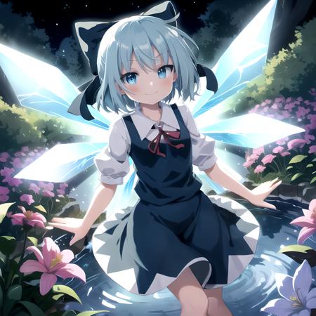 (SLE, mksks style),
1girl, cirno, cirno 4rt, ice wings, smiling, garden, pond, flowers, 
 <lora:cirno_2-05:0.7>,
vivid colours, vivid lights, cinematic lighting, frog,