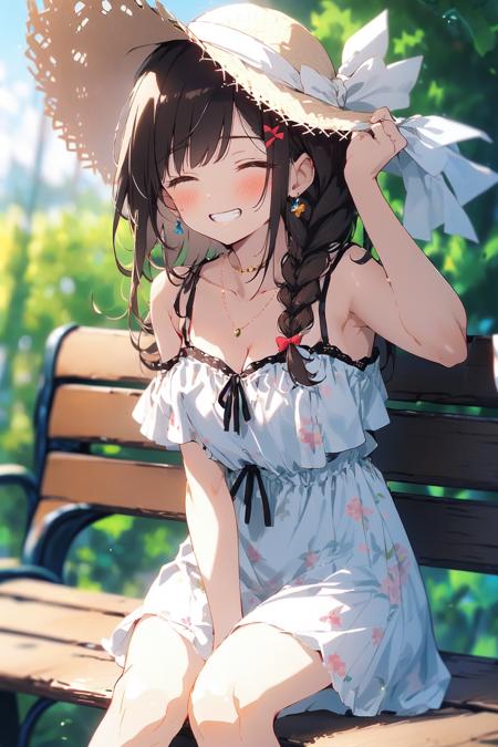 (masterpiece:1.2), best quality,cozy anime,
1girl, solo, smile, sitting, hat, shoulder cutout, braid, dress, brown hair, closed eyes, twin braids, blush, long hair, bench, grin, outdoors, white dress, jewelry, clothing cutout, bangs, necklace, floral print, blurry, hand between legs, blurry background, between legs, bow, facing viewer, breasts, bare shoulders, sun hat, straw hat, day, collarbone, hair bow, short sleeves, feet out of frame, ribbon, brown headwear, on bench, depth of field, park bench, ^_^, hair over shoulder
 <lora:cozy anime_20230630155224:1>