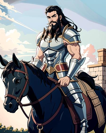 ((masterpiece), best quality, high quality, professional quality, highly detailed, highres, perfect lighting, natural lighting), (1boy, muscular, handsome, long beard, long hair, black hair), wearing armor, riding a horse, outdoors