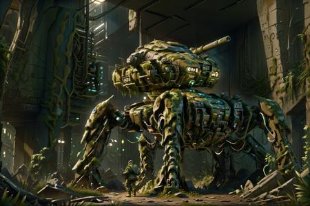 { 8k wallpaper, masterpiece, Cinematic Lighting, best quality, Illustration, dramatic angle }
a lone mech, \\\(flegs\\\)  standing in the middle of post apocalyptic  city ruins , overgrowth
<lora:add_detail:0.6>,   <lora:MECHA2:1>,  <lora:ral-ovrgrwth:1>