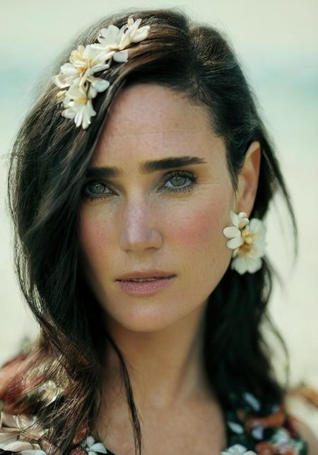 jennifer connelly (sharp focus:1.2), portrait, attractive young woman, (beautiful face:1.1), detailed eyes, luscious lips, (eye makeup:1.2), body freckles, (large breasts:1.0), (tight body:1.2), (brown hair:1.2), wearing (flowery dress:1.2) at (the beach:1.2). (morning sun lighting:1.2), depth of field, bokeh, 4K, HDR. by (James C. Christensen:1.2|Jeremy Lipking:1.1).