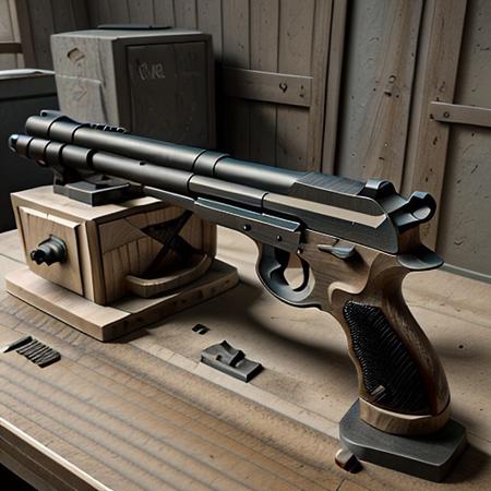 Wooden gun, 8k extreme detail, Outside, standing next to a metal machine, realistic, perfect, no mistakes, ultra-realistic