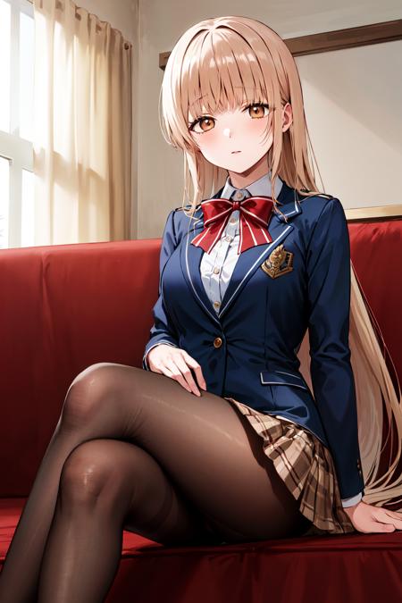 masterpiece, best quality, highres, aamahiru, long hair, red bowtie, blue jacket, blazer, long sleeves, plaid skirt, brown skirt, pantyhose, <lora:shiina_mahiru_v1:0.7>, sofa, sitting, crossed legs, indoors