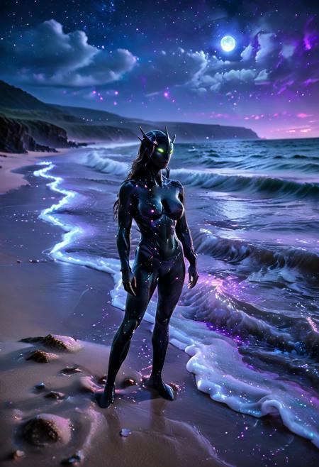 A bioluminescent wave crashes against the shore on a moonlit night, illuminating the sand with an ethereal glow. The air is filled with the scent of salt and the sound of crashing waves. In the distance, a lone figure stands silhouetted against the horizon(alien X, alien, black body, no mouth, no nose, no pupils, green eyes, antennae,1 girl, female, big breast, wide hips, no clothing), gazing out at the vast expanse of the ocean. Inspired by romantic realism, with elements of fantasy and surrealism, Turner, with a color palette of deep blues, purples, and blacks, punctuated by flashes of vibrant color and ethereal light.