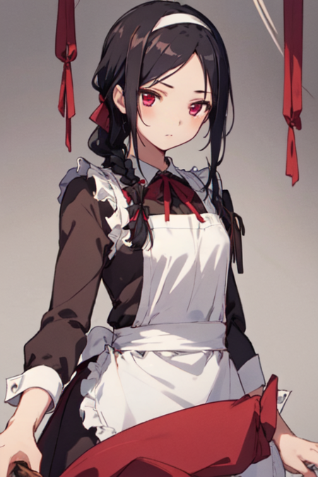KakeiMihaya, 1girl, solo, long hair, black hair, red eyes, ribbon, single braid, hairband, apron, maid, 